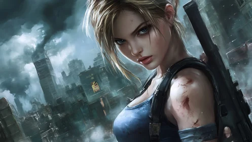 Battle-worn heroine rendered in high-detail digital painting amid ruins