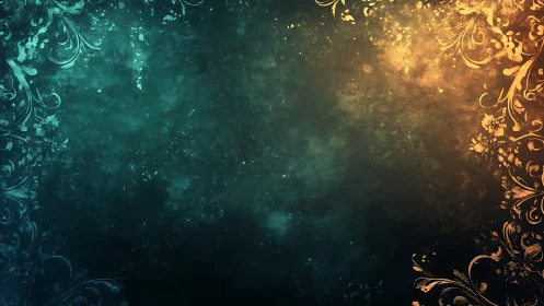 Symmetrical teal and amber gradient background shows floral borders