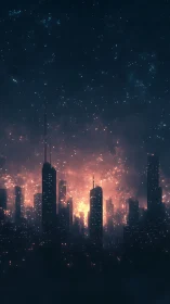 Embers crown the silent city while distant stars look on