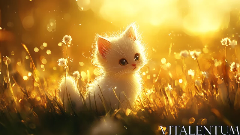 Backlit volumetric kitten in golden hour meadow illumination.