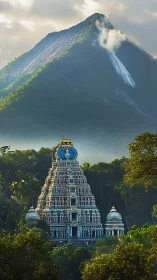 Mountain temple rises through misty forest in golden light