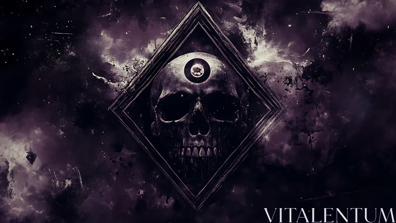 Dark skull emblem with central eye in violet haze.
