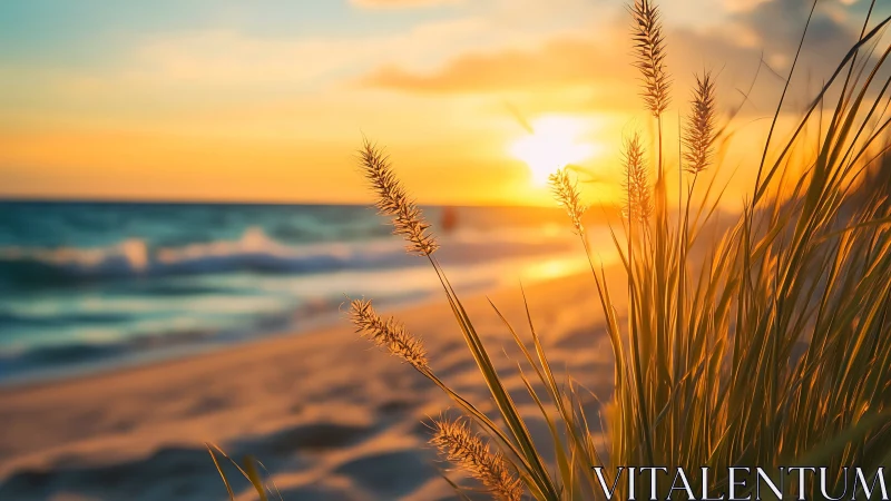Sunlit beach grass glows warmly against a tranquil sunset sky.