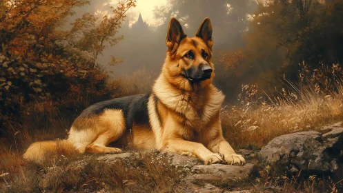 German Shepherd resting on autumn forest rocks at dusk