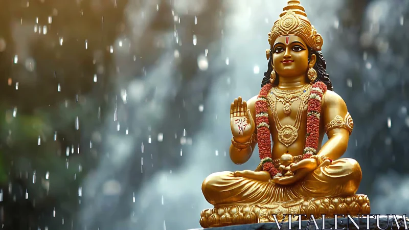 Golden deity listens to the rain and glows in quiet grace