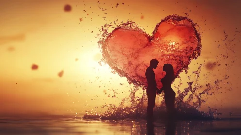 Silhouetted Couple with Water-Form Heart Splash Against Sunset
