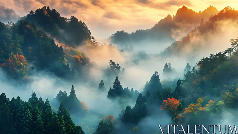 Misty Mountain Forest at Sunrise with Layered Peaks.