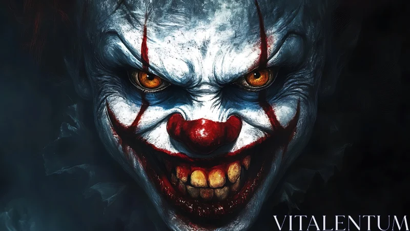 Menacing horror clown portrait with intense orange eyes.