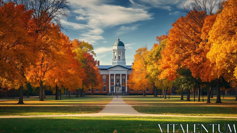 Golden autumn campus path welcomes a stately historic hall