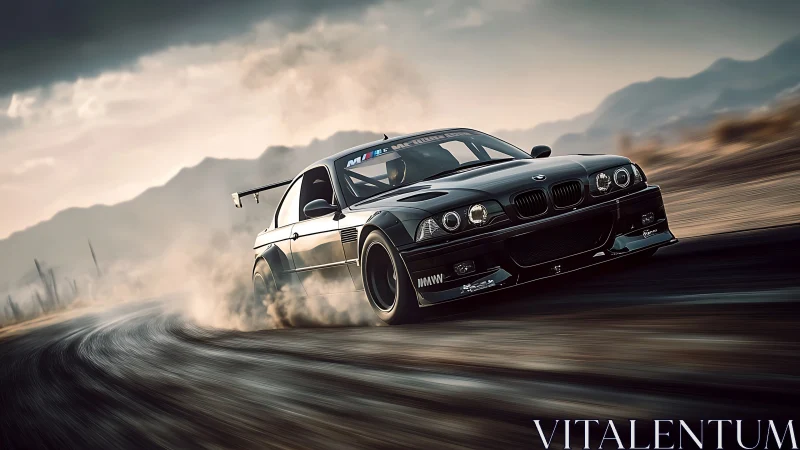 Modified black BMW drift car on dusty mountain curve.