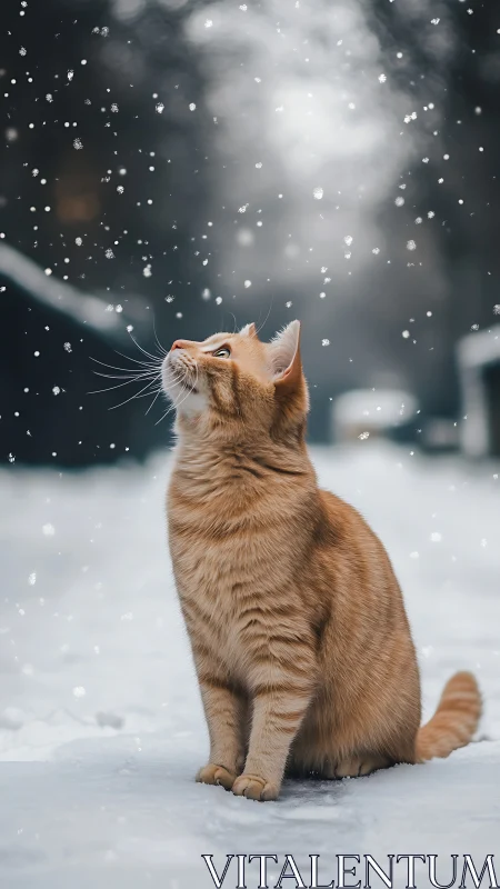 Ginger Tabby Cat Observing Falling Snowflakes in Winter Scene