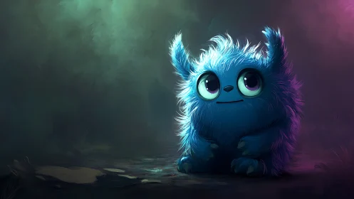 Blue furry creature sits under diffused colored lighting