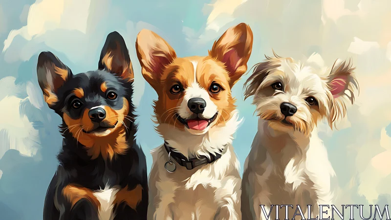 Three cheerful dogs in bright painterly portrait style.