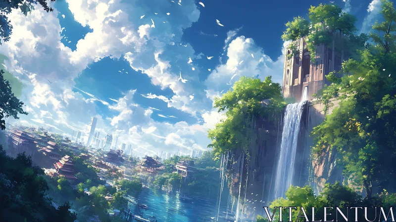 Sky-brushed future temples cradle waterfalls and lost forests