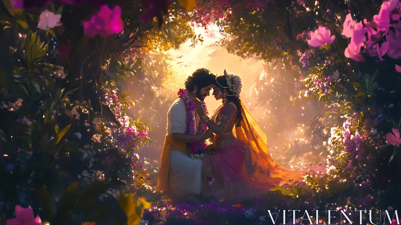 Romantic couple in enchanted flower garden at sunset.