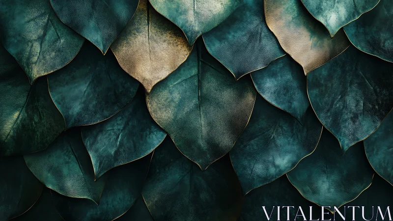 Teal metallic leaves form layered organic abstract pattern.