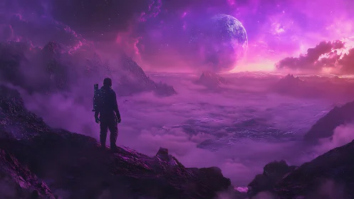Solitary astronaut surveys neon magenta alien valley under planet