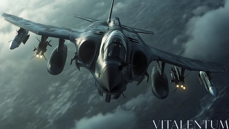 Predatory attack jet descending through stormlit clouds.