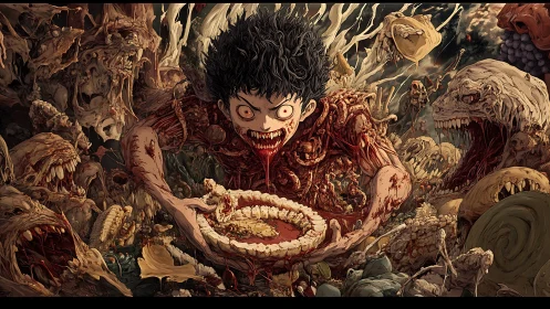 Insatiable ghoul boy gorges amid a carnival of crawling flesh