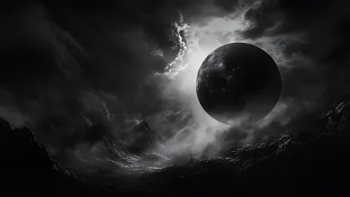 Dark planet hangs over storm-lashed alien seascape