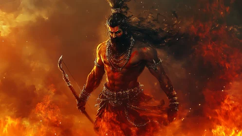 Fire-forged warrior strides through storming inferno skies.