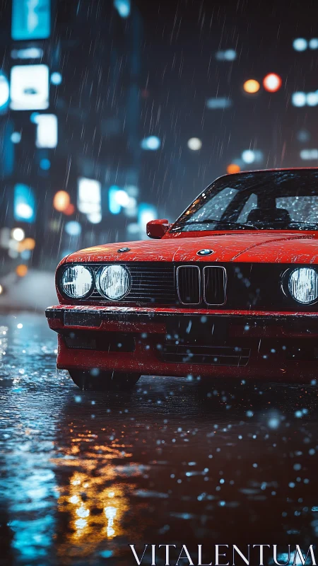 Red sports coupe in neon lit rain soaked night street scene.