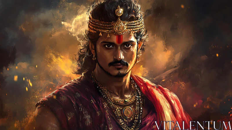 Regal portrait of stern Indian king in fiery ambience.