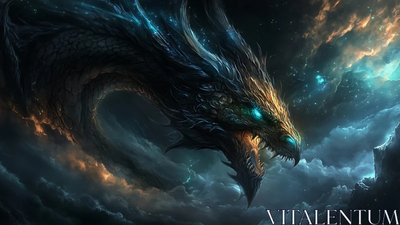 Celestial dragon coils through stormlit skies and glowing stars