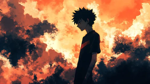 Solitary anime boy stands against blazing storm clouds.