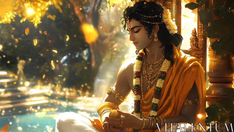 Seated figure in ornate garments amid warm golden foliage.