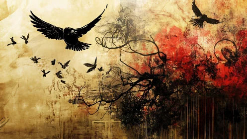 Silhouetted birds over abstract branches and textured sky.