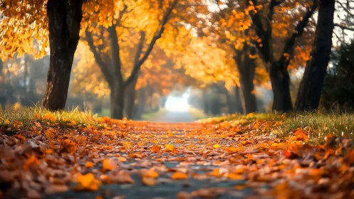 Golden autumn alley with low-perspective leaf carpet view.