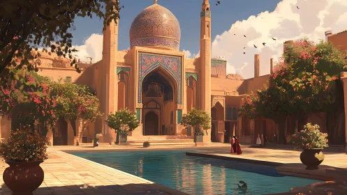 Sunlit Persian courtyard with tiled dome and tranquil pool.