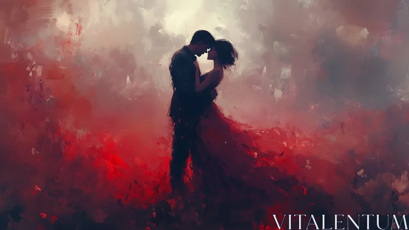 Romantic Silhouette Embrace in Crimson Mist