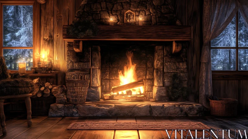 Glowing cabin fireplace softens a snowy winter night outside