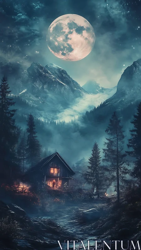 Moonlit alpine cabin rests beneath towering enchanted peaks.