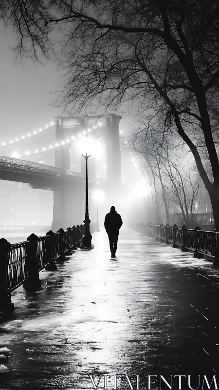 Nocturnal pedestrian on misted suspension bridge promenade