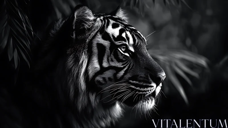Monochrome tiger portrait in dense jungle shadows.