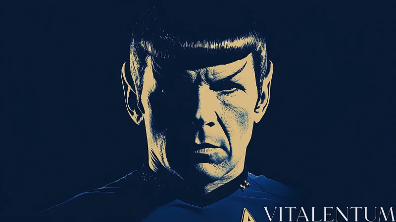 Stylized blue portrait depicts a uniformed pointed ear figure