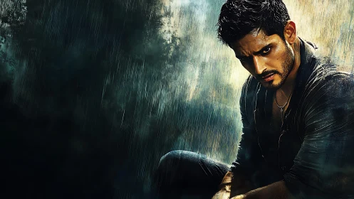 Male figure in dark clothing seated in heavy rain outdoors.