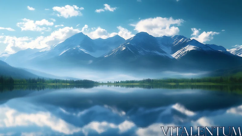 Snowcapped mountain range mirrored on still blue lake.