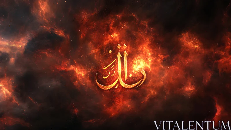 Arabic calligraphy ignites within cosmic inferno clouds.