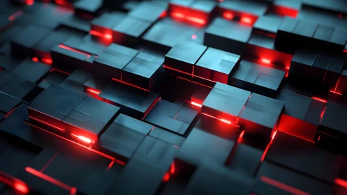 Futuristic black cubes with glowing red highlights, digital art style.