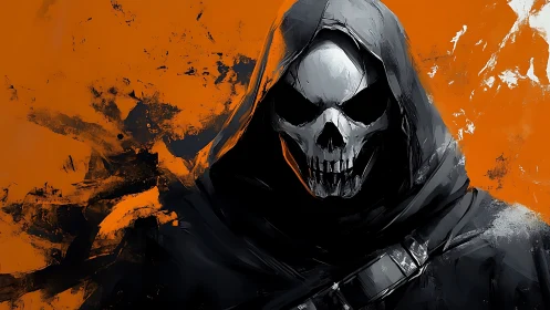 Hooded skull figure is rendered against textured orange field