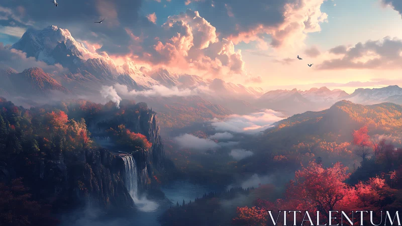Vast autumn mountain valley with waterfall and soft clouds.