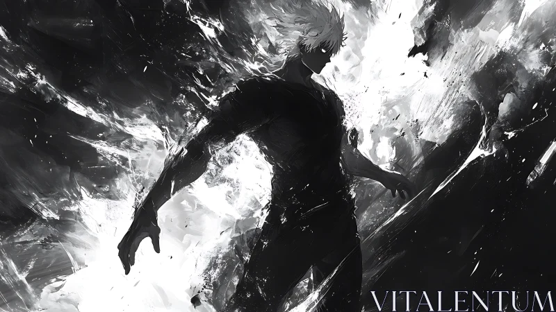 Monochrome energy figure in explosive abstract light field