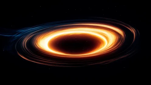 Glowing black hole accretion disk with swirling plasma ring.