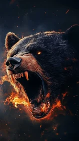 Digitally rendered bear head with open jaws and flames.