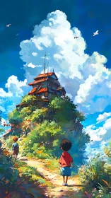 Children approach terraced hill shrine under cumulonimbus sky