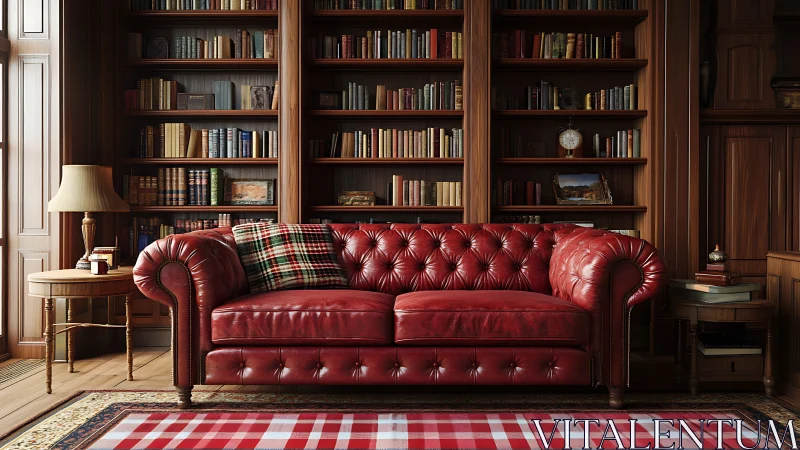 Red leather sofa in warm wood paneled home library